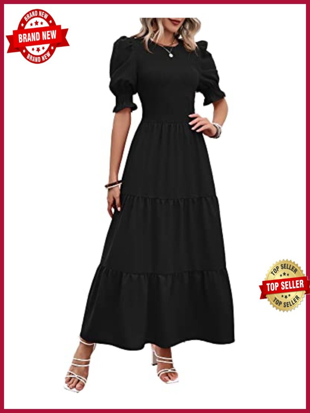 Maxi Summer Dress Women Smocked Tiered Boho Puff Sleeve Casual Flowy Midi